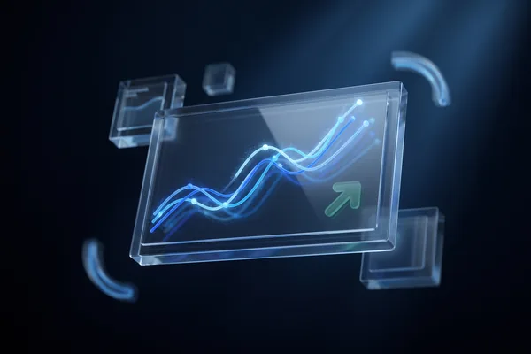 Floating glass SEO analytics dashboard with a rising blue line chart and subtle green growth arrow, showing 300% organic traffic growth for B2B SaaS