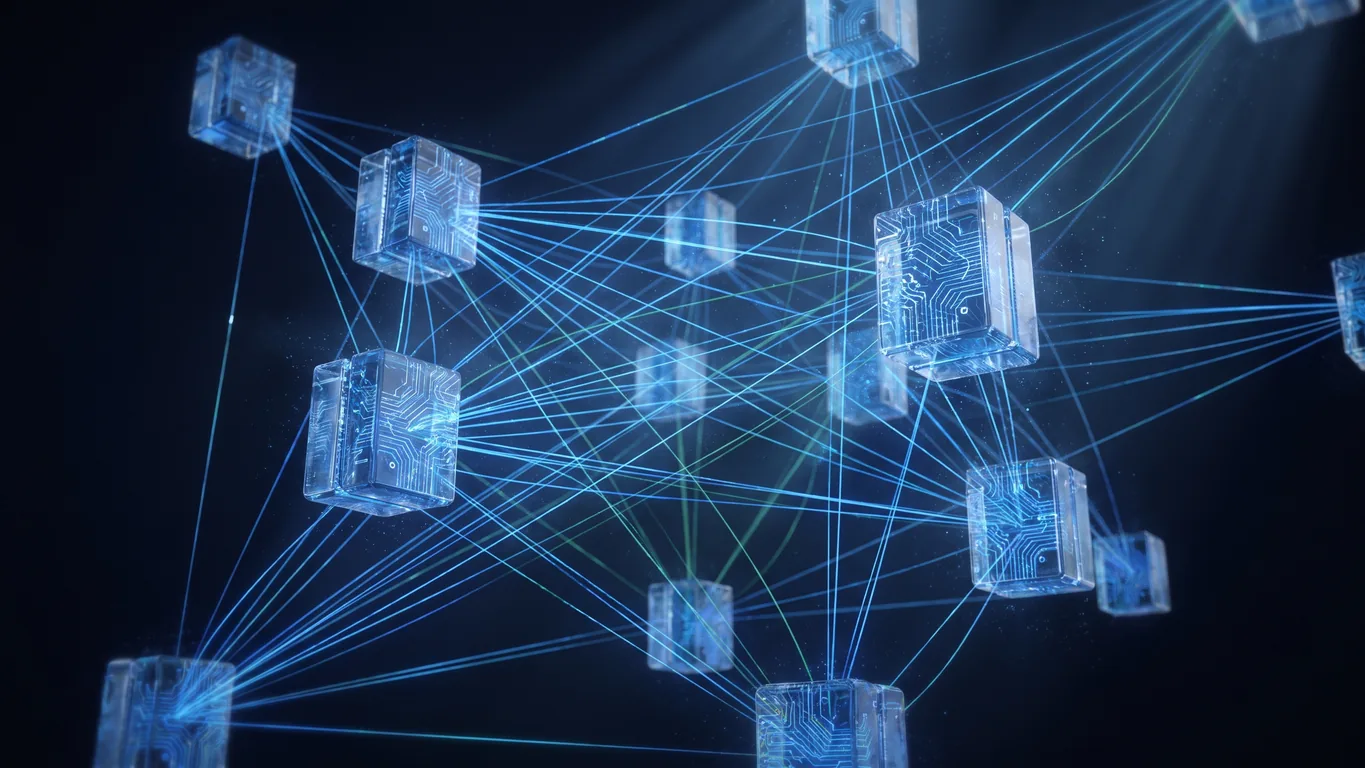 Decentralized cloud infrastructure of glass tech cubes with blue and sky-blue circuit traces and a subtle green connecting line