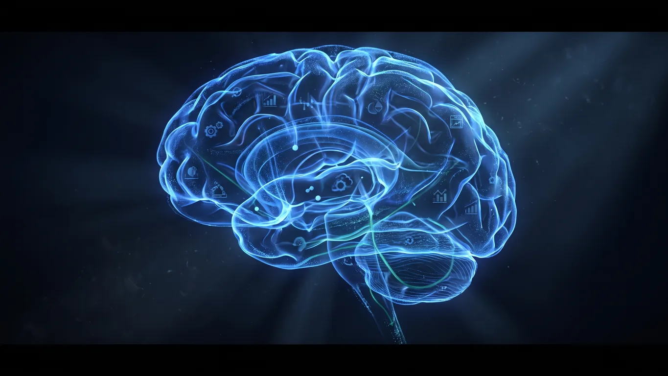 Glowing blue 3D AI neural network brain with sky-blue data pathways, a subtle green accent sweep, and embedded business automation icons